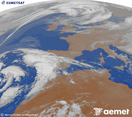 Imagen de la zona de Europa y Norte de �frica del canal infrarrojo del sat�lite Meteosat operacional en 0�N 0�W, procesada para darle color.&nbsp;dijous, 19 de mar�  2026 22:00
