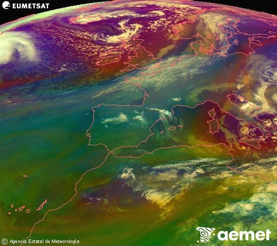 Composici�n RGB en la que se mezclan varios canales del sat�lite Meteosat operacional en 0�N 0�W, que nos da una idea de las caracter�sticas de las masas de aire y de la nubosidad.&nbsp;s�bado, 28 marzo 2026 a las 01:00