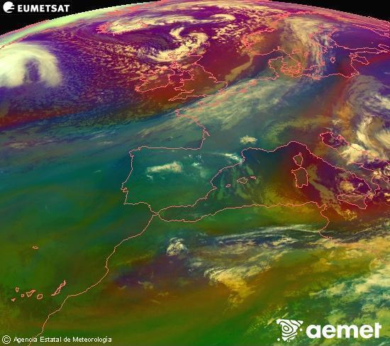 Composici�n RGB en la que se mezclan varios canales del sat�lite Meteosat operacional en 0�N 0�W, que nos da una idea de las caracter�sticas de las masas de aire y de la nubosidad.&nbsp;s�bado, 28 marzo 2026 a las 02:00