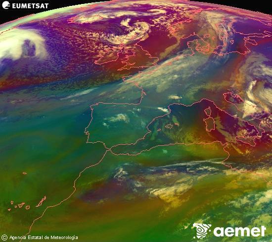 Composici�n RGB en la que se mezclan varios canales del sat�lite Meteosat operacional en 0�N 0�W, que nos da una idea de las caracter�sticas de las masas de aire y de la nubosidad.&nbsp;s�bado, 28 marzo 2026 a las 03:00