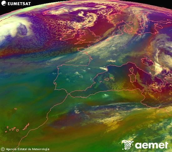 Composici�n RGB en la que se mezclan varios canales del sat�lite Meteosat operacional en 0�N 0�W, que nos da una idea de las caracter�sticas de las masas de aire y de la nubosidad.&nbsp;s�bado, 28 marzo 2026 a las 04:00