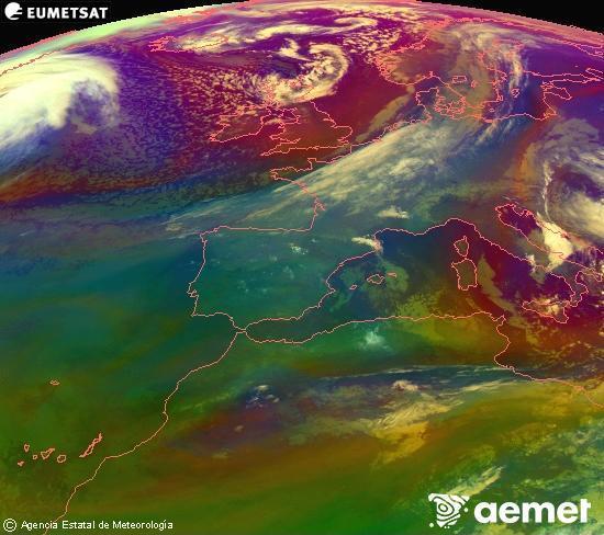 Composici�n RGB en la que se mezclan varios canales del sat�lite Meteosat operacional en 0�N 0�W, que nos da una idea de las caracter�sticas de las masas de aire y de la nubosidad.&nbsp;s�bado, 28 marzo 2026 a las 05:00