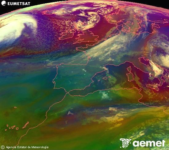 Composici�n RGB en la que se mezclan varios canales del sat�lite Meteosat operacional en 0�N 0�W, que nos da una idea de las caracter�sticas de las masas de aire y de la nubosidad.&nbsp;s�bado, 28 marzo 2026 a las 06:00
