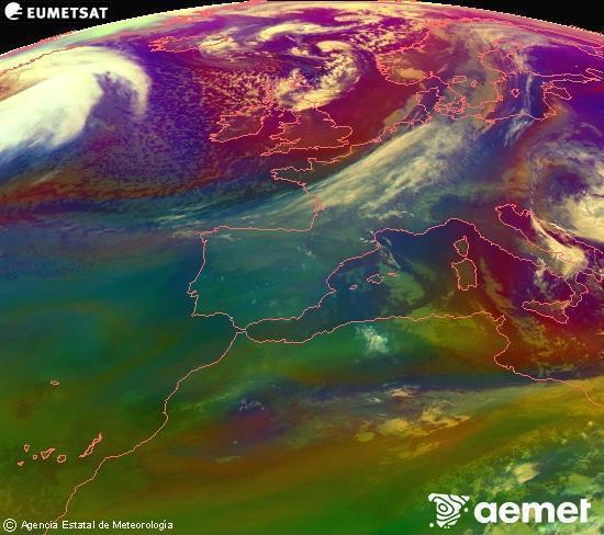Composici�n RGB en la que se mezclan varios canales del sat�lite Meteosat operacional en 0�N 0�W, que nos da una idea de las caracter�sticas de las masas de aire y de la nubosidad.&nbsp;s�bado, 28 marzo 2026 a las 07:00
