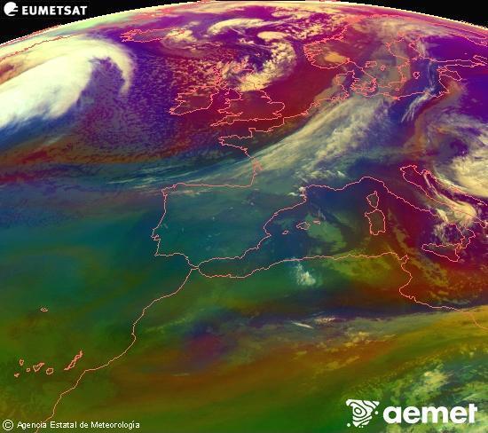 Composici�n RGB en la que se mezclan varios canales del sat�lite Meteosat operacional en 0�N 0�W, que nos da una idea de las caracter�sticas de las masas de aire y de la nubosidad.&nbsp;s�bado, 28 marzo 2026 a las 08:00