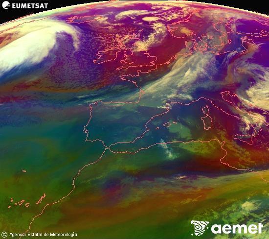 Composici�n RGB en la que se mezclan varios canales del sat�lite Meteosat operacional en 0�N 0�W, que nos da una idea de las caracter�sticas de las masas de aire y de la nubosidad.&nbsp;s�bado, 28 marzo 2026 a las 09:00