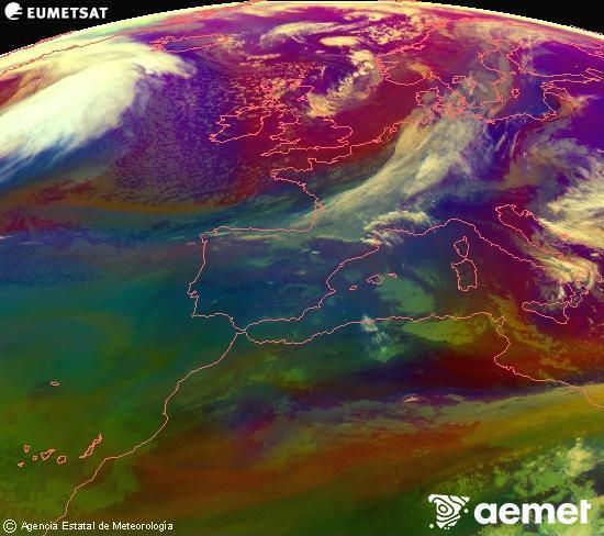Composici�n RGB en la que se mezclan varios canales del sat�lite Meteosat operacional en 0�N 0�W, que nos da una idea de las caracter�sticas de las masas de aire y de la nubosidad.&nbsp;s�bado, 28 marzo 2026 a las 10:00