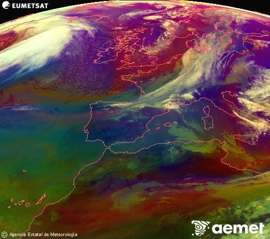 Composici�n RGB en la que se mezclan varios canales del sat�lite Meteosat operacional en 0�N 0�W, que nos da una idea de las caracter�sticas de las masas de aire y de la nubosidad.&nbsp;s�bado, 28 marzo 2026 a las 12:00