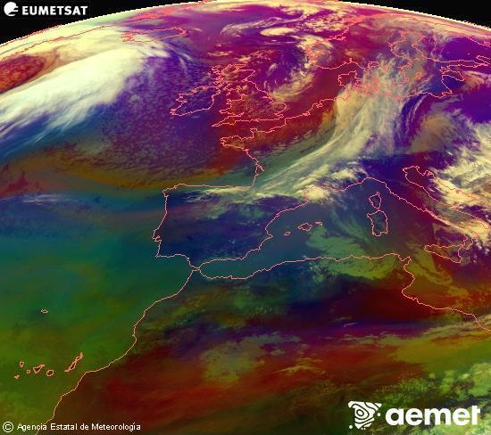 Composici�n RGB en la que se mezclan varios canales del sat�lite Meteosat operacional en 0�N 0�W, que nos da una idea de las caracter�sticas de las masas de aire y de la nubosidad.&nbsp;s�bado, 28 marzo 2026 a las 13:00