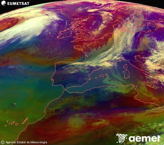 Composici�n RGB en la que se mezclan varios canales del sat�lite Meteosat operacional en 0�N 0�W, que nos da una idea de las caracter�sticas de las masas de aire y de la nubosidad.&nbsp;s�bado, 28 marzo 2026 a las 14:00
