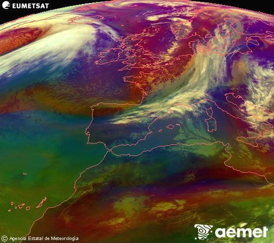 Composici�n RGB en la que se mezclan varios canales del sat�lite Meteosat operacional en 0�N 0�W, que nos da una idea de las caracter�sticas de las masas de aire y de la nubosidad.&nbsp;s�bado, 28 marzo 2026 a las 16:00
