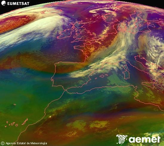Composici�n RGB en la que se mezclan varios canales del sat�lite Meteosat operacional en 0�N 0�W, que nos da una idea de las caracter�sticas de las masas de aire y de la nubosidad.&nbsp;s�bado, 28 marzo 2026 a las 18:00