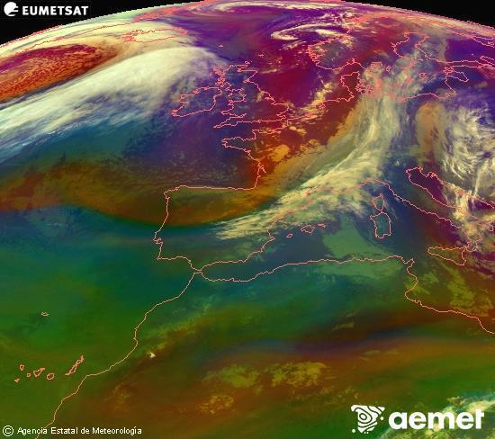 Composici�n RGB en la que se mezclan varios canales del sat�lite Meteosat operacional en 0�N 0�W, que nos da una idea de las caracter�sticas de las masas de aire y de la nubosidad.&nbsp;s�bado, 28 marzo 2026 a las 19:00