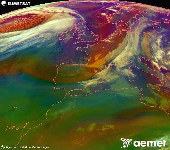 Composici�n RGB en la que se mezclan varios canales del sat�lite Meteosat operacional en 0�N 0�W, que nos da una idea de las caracter�sticas de las masas de aire y de la nubosidad.&nbsp;s�bado, 28 marzo 2026 a las 22:00