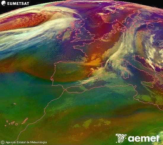 Composici�n RGB en la que se mezclan varios canales del sat�lite Meteosat operacional en 0�N 0�W, que nos da una idea de las caracter�sticas de las masas de aire y de la nubosidad.&nbsp;s�bado, 28 marzo 2026 a las 23:00