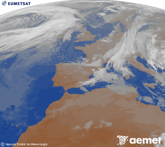 Imaxe da zona de Europa e Norte de �frica da canle infravermella do sat�lite Meteosat operacional en 0�N 0�W, procesada para darlle cor.&nbsp;s�bado , 28 marzo  2026 23:00