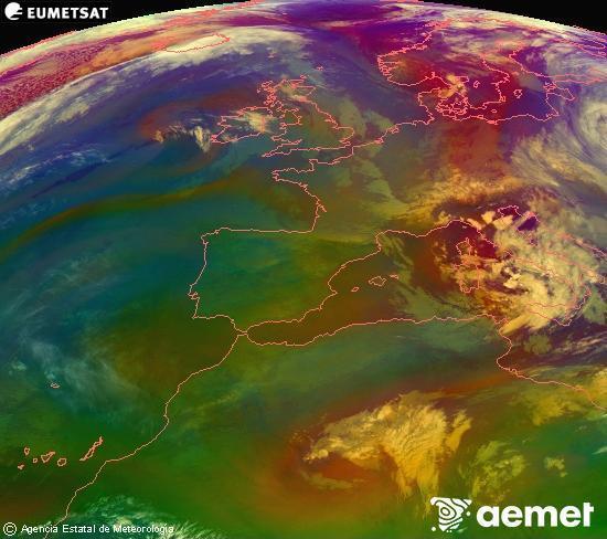 Composici� RGB en la qual es barregen diversos canals del sat�l�lit Meteosat operacional en 0�N 0�W, que ens d�na una idea de les caracter�stiques de les masses d'aire i de la nuvolositat.&nbsp;dimarts, 31 de mar�  2026 03:00