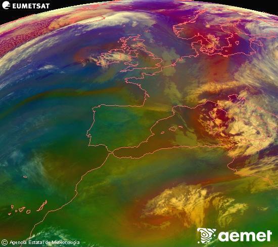 Composici� RGB en la qual es barregen diversos canals del sat�l�lit Meteosat operacional en 0�N 0�W, que ens d�na una idea de les caracter�stiques de les masses d'aire i de la nuvolositat.&nbsp;dimarts, 31 de mar�  2026 05:00
