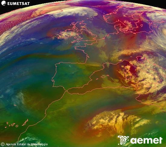 Composici� RGB en la qual es barregen diversos canals del sat�l�lit Meteosat operacional en 0�N 0�W, que ens d�na una idea de les caracter�stiques de les masses d'aire i de la nuvolositat.&nbsp;dimarts, 31 de mar�  2026 06:00