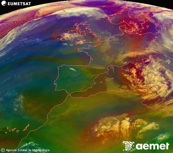 Composici� RGB en la qual es barregen diversos canals del sat�l�lit Meteosat operacional en 0�N 0�W, que ens d�na una idea de les caracter�stiques de les masses d'aire i de la nuvolositat.&nbsp;dimarts, 31 de mar�  2026 07:00