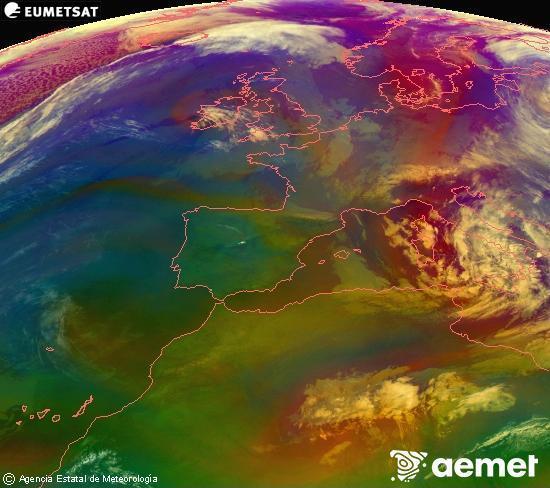 Composici� RGB en la qual es barregen diversos canals del sat�l�lit Meteosat operacional en 0�N 0�W, que ens d�na una idea de les caracter�stiques de les masses d'aire i de la nuvolositat.&nbsp;dimarts, 31 de mar�  2026 08:00