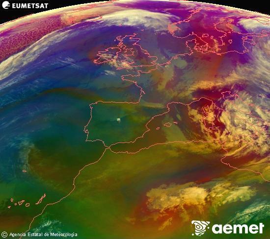Composici� RGB en la qual es barregen diversos canals del sat�l�lit Meteosat operacional en 0�N 0�W, que ens d�na una idea de les caracter�stiques de les masses d'aire i de la nuvolositat.&nbsp;dimarts, 31 de mar�  2026 09:00