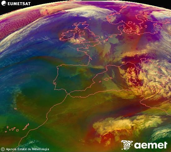 Composici� RGB en la qual es barregen diversos canals del sat�l�lit Meteosat operacional en 0�N 0�W, que ens d�na una idea de les caracter�stiques de les masses d'aire i de la nuvolositat.&nbsp;dimarts, 31 de mar�  2026 10:00
