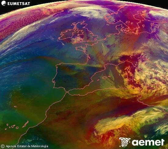 Composici� RGB en la qual es barregen diversos canals del sat�l�lit Meteosat operacional en 0�N 0�W, que ens d�na una idea de les caracter�stiques de les masses d'aire i de la nuvolositat.&nbsp;dimarts, 31 de mar�  2026 12:00