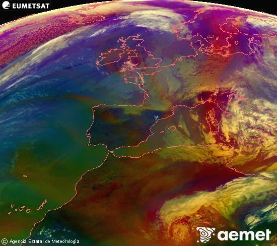 Composici� RGB en la qual es barregen diversos canals del sat�l�lit Meteosat operacional en 0�N 0�W, que ens d�na una idea de les caracter�stiques de les masses d'aire i de la nuvolositat.&nbsp;dimarts, 31 de mar�  2026 13:00