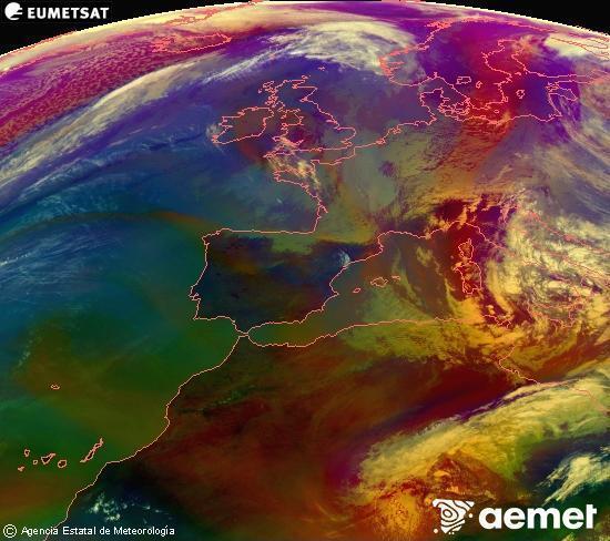 Composici� RGB en la qual es barregen diversos canals del sat�l�lit Meteosat operacional en 0�N 0�W, que ens d�na una idea de les caracter�stiques de les masses d'aire i de la nuvolositat.&nbsp;dimarts, 31 de mar�  2026 14:00