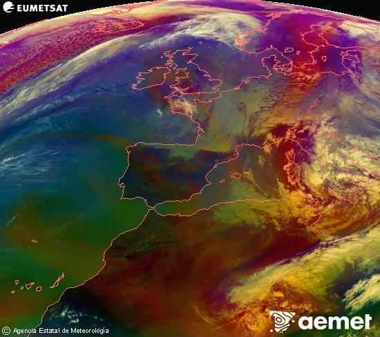 Composici� RGB en la qual es barregen diversos canals del sat�l�lit Meteosat operacional en 0�N 0�W, que ens d�na una idea de les caracter�stiques de les masses d'aire i de la nuvolositat.&nbsp;dimarts, 31 de mar�  2026 15:00