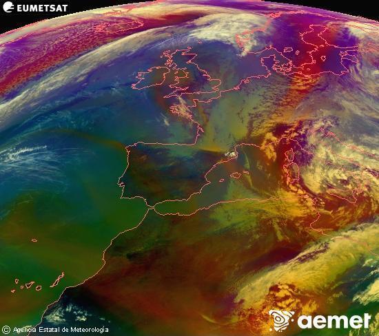 Composici� RGB en la qual es barregen diversos canals del sat�l�lit Meteosat operacional en 0�N 0�W, que ens d�na una idea de les caracter�stiques de les masses d'aire i de la nuvolositat.&nbsp;dimarts, 31 de mar�  2026 17:00