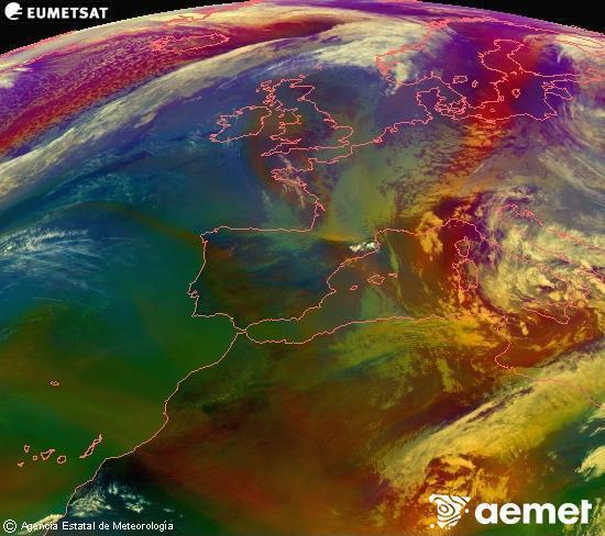 Composici� RGB en la qual es barregen diversos canals del sat�l�lit Meteosat operacional en 0�N 0�W, que ens d�na una idea de les caracter�stiques de les masses d'aire i de la nuvolositat.&nbsp;dimarts, 31 de mar�  2026 18:00