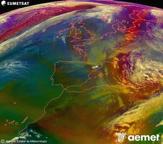 Composici� RGB en la qual es barregen diversos canals del sat�l�lit Meteosat operacional en 0�N 0�W, que ens d�na una idea de les caracter�stiques de les masses d'aire i de la nuvolositat.&nbsp;dimarts, 31 de mar�  2026 19:00