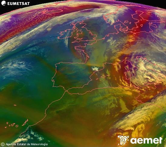 Composici� RGB en la qual es barregen diversos canals del sat�l�lit Meteosat operacional en 0�N 0�W, que ens d�na una idea de les caracter�stiques de les masses d'aire i de la nuvolositat.&nbsp;dimarts, 31 de mar�  2026 20:00
