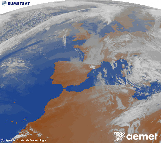 Imagen de la zona de Europa y Norte de �frica del canal infrarrojo del sat�lite Meteosat operacional en 0�N 0�W, procesada para darle color.&nbsp;dimarts, 31 de mar�  2026 20:00
