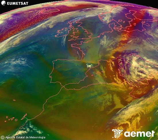 Composici� RGB en la qual es barregen diversos canals del sat�l�lit Meteosat operacional en 0�N 0�W, que ens d�na una idea de les caracter�stiques de les masses d'aire i de la nuvolositat.&nbsp;dimarts, 31 de mar�  2026 21:00