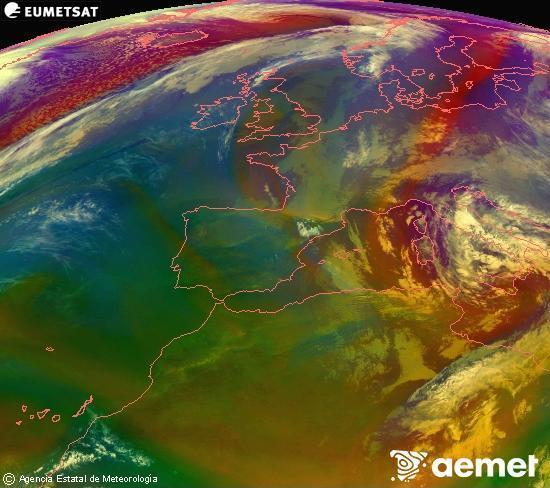 Composici� RGB en la qual es barregen diversos canals del sat�l�lit Meteosat operacional en 0�N 0�W, que ens d�na una idea de les caracter�stiques de les masses d'aire i de la nuvolositat.&nbsp;dimarts, 31 de mar�  2026 22:00