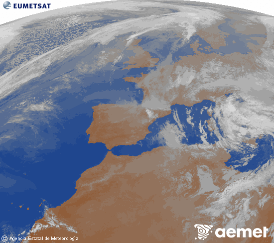 Imagen de la zona de Europa y Norte de �frica del canal infrarrojo del sat�lite Meteosat operacional en 0�N 0�W, procesada para darle color.&nbsp;dimarts, 31 de mar�  2026 23:00