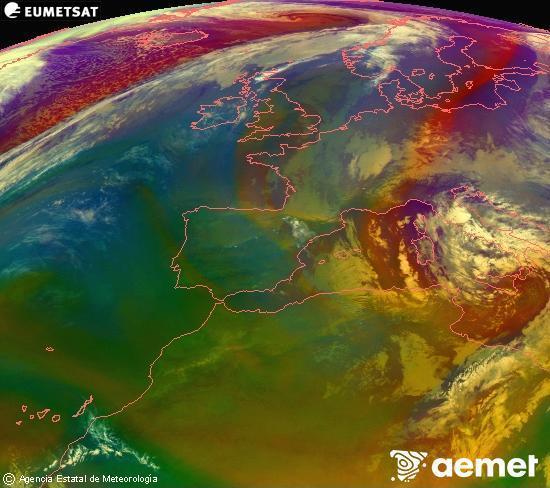 Composici� RGB en la qual es barregen diversos canals del sat�l�lit Meteosat operacional en 0�N 0�W, que ens d�na una idea de les caracter�stiques de les masses d'aire i de la nuvolositat.&nbsp;dimecres, 1 d?abril  2026 00:00