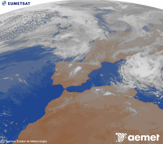Imagen de la zona de Europa y Norte de �frica del canal infrarrojo del sat�lite Meteosat operacional en 0�N 0�W, procesada para darle color.&nbsp;vendredi, 3 avril  2026 03:00