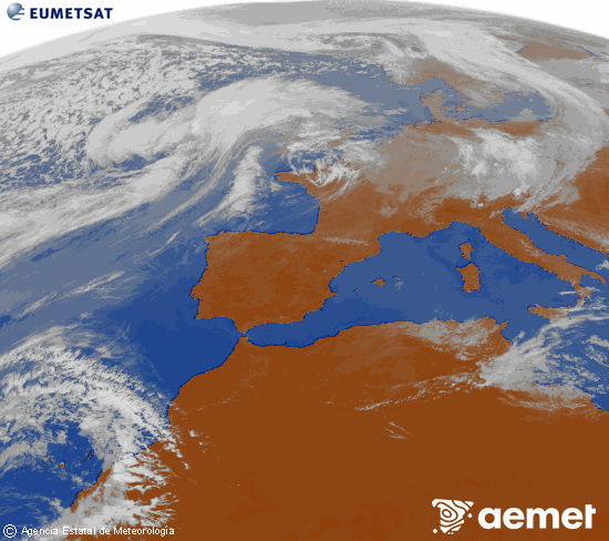 Imagen de la zona de Europa y Norte de �frica del canal infrarrojo del sat�lite Meteosat operacional en 0�N 0�W, procesada para darle color.&nbsp;dissabte, 4 d?abril  2026 13:00