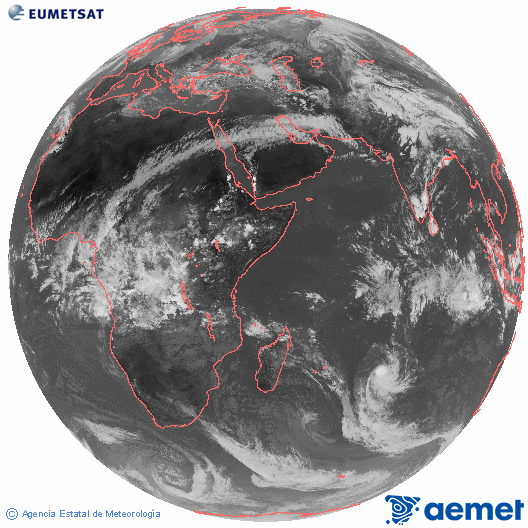 Oc�ano �ndico. Imagen global del canal infrarrojo (10.8&mu;m) de Meteosat, perteneciente a la serie MSG (Meteosat Segunda Generaci�n) y situado en 41.5° E.&nbsp;dissabte, 4 d?abril  2026 14:00