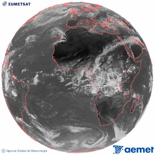 Imagen global del canal infrarrojo (10.8 &mu;m) del sat�lite Meteosat, perteneciente a la serie MSG (Meteosat Segunda Generaci�n) y situado en 0�N 0�E.&nbsp;dissabte, 4 d?abril  2026 14:00