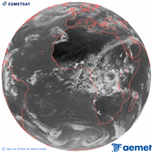 Imagen global del canal infrarrojo (10.8 &mu;m) del sat�lite Meteosat, perteneciente a la serie MSG (Meteosat Segunda Generaci�n) y situado en 0�N 0�E.&nbsp;dissabte, 4 d?abril  2026 17:00