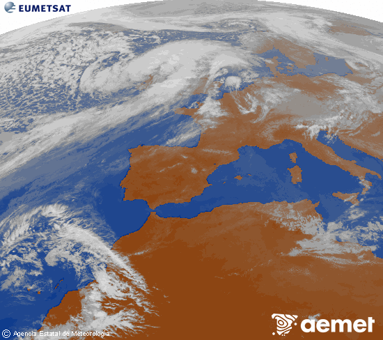 Imagen de la zona de Europa y Norte de �frica del canal infrarrojo del sat�lite Meteosat operacional en 0�N 0�W, procesada para darle color.&nbsp;dissabte, 4 d?abril  2026 18:00