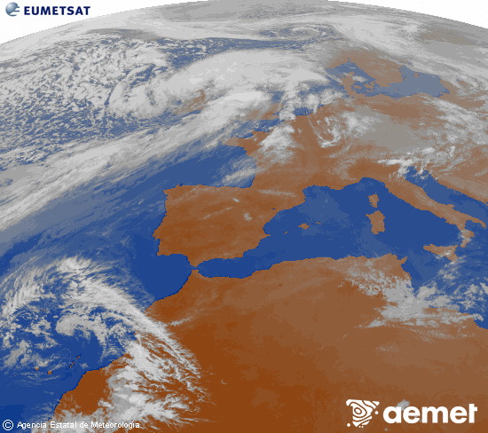 Imagen de la zona de Europa y Norte de �frica del canal infrarrojo del sat�lite Meteosat operacional en 0�N 0�W, procesada para darle color.&nbsp;dissabte, 4 d?abril  2026 19:00