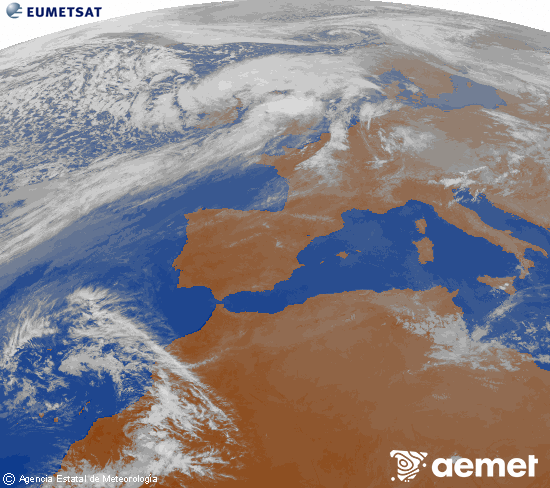 Imagen de la zona de Europa y Norte de �frica del canal infrarrojo del sat�lite Meteosat operacional en 0�N 0�W, procesada para darle color.&nbsp;dissabte, 4 d?abril  2026 20:00