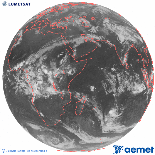 Oc�ano �ndico. Imagen global del canal infrarrojo (10.8&mu;m) de Meteosat, perteneciente a la serie MSG (Meteosat Segunda Generaci�n) y situado en 41.5° E.&nbsp;dissabte, 4 d?abril  2026 20:00