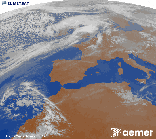 Imagen de la zona de Europa y Norte de �frica del canal infrarrojo del sat�lite Meteosat operacional en 0�N 0�W, procesada para darle color.&nbsp;dissabte, 4 d?abril  2026 21:00